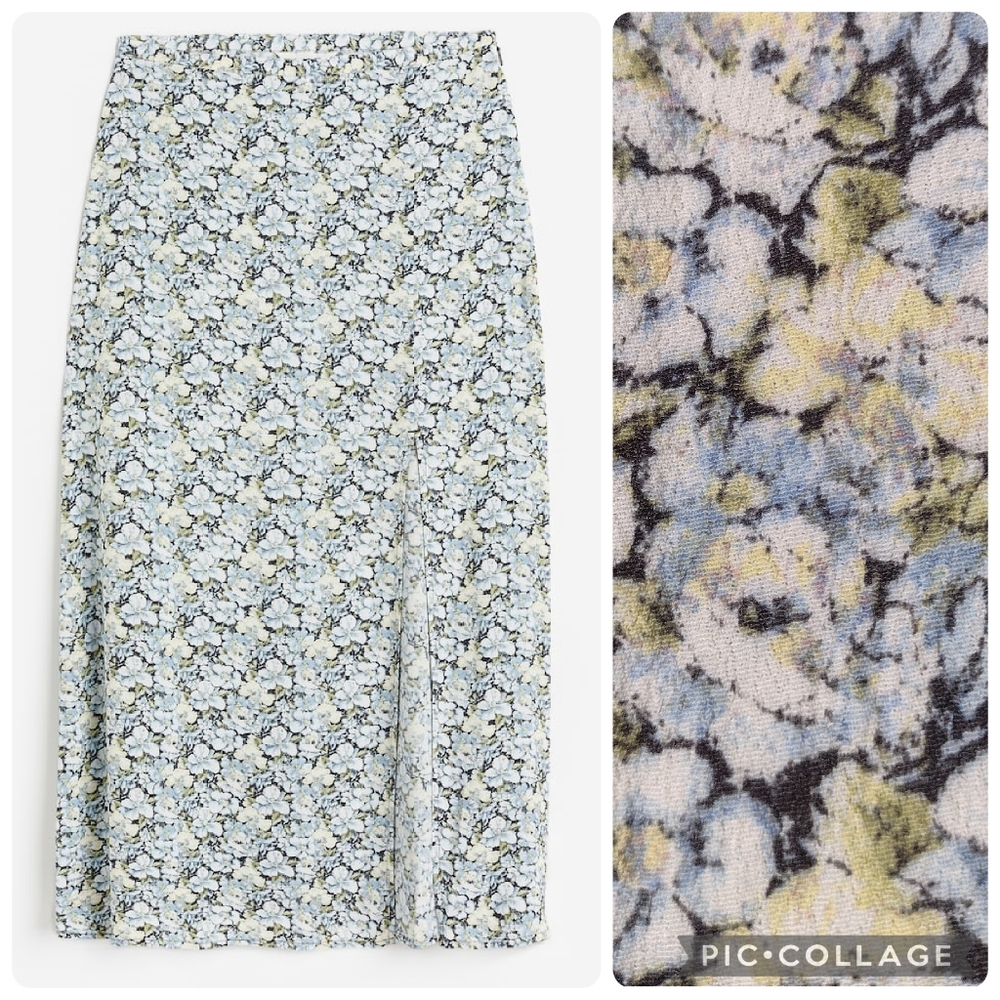H&M Blue Floral Crepe High Waist Front Slit Midi Skirt Size 10